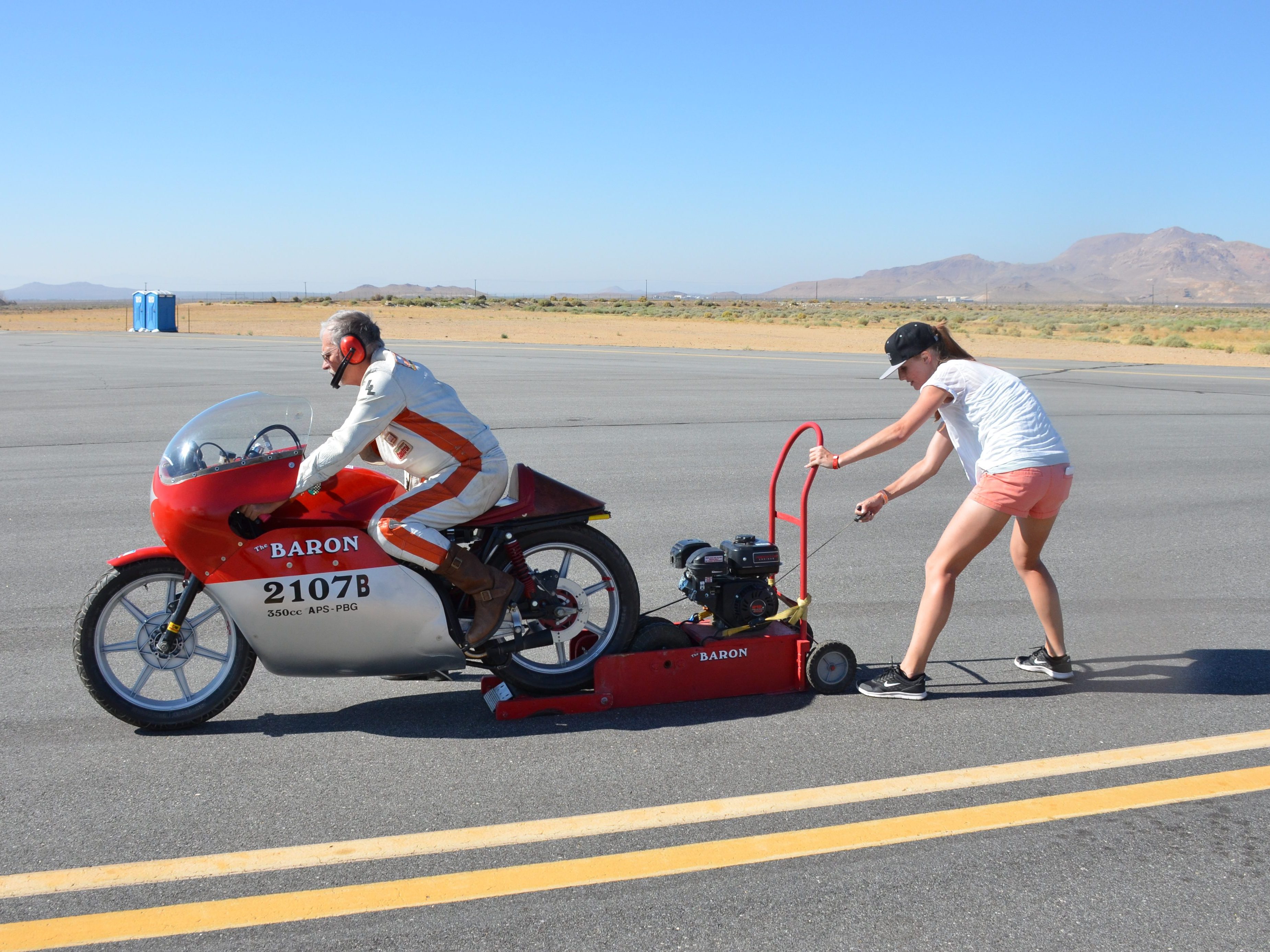Amy starting The Red Baron with the starting motor
